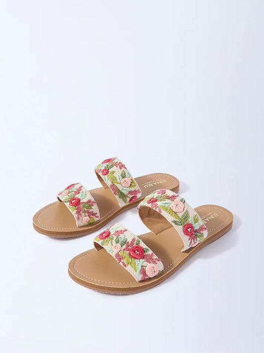 LUNA BLU Red Floral Embroidered Slip-On Sandals