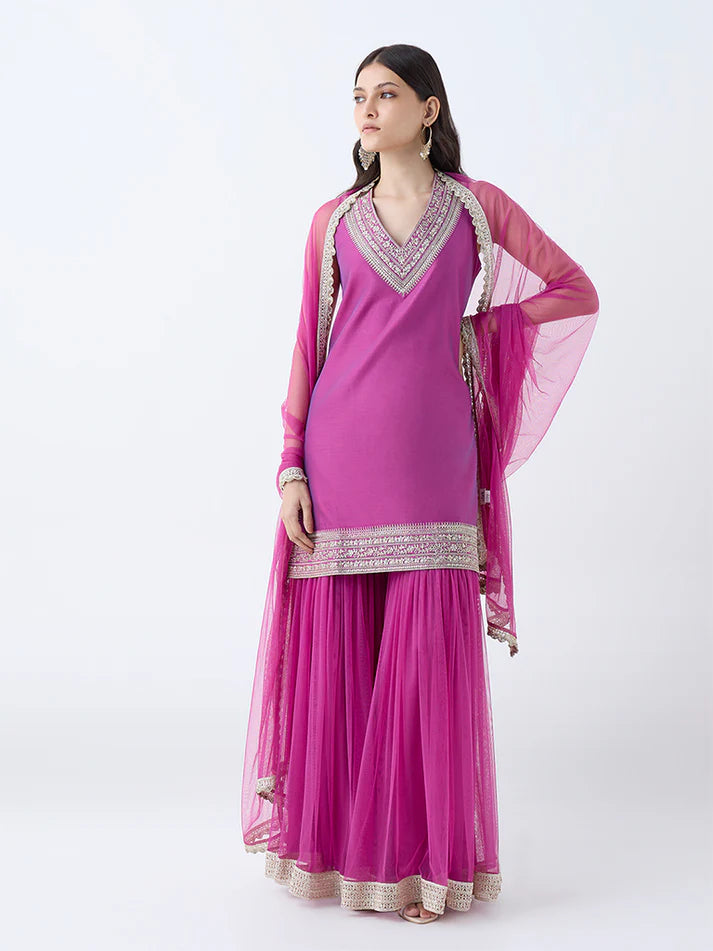 Vark Lilac Embroidered Straight Cotton-Blend Ethnic Set