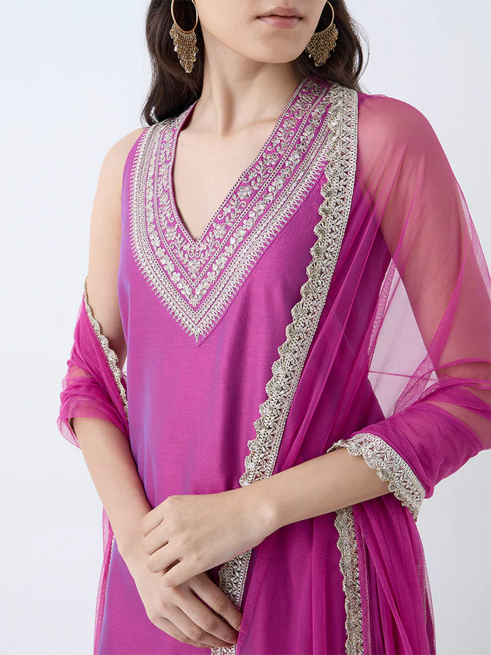 Vark Lilac Embroidered Straight Cotton-Blend Ethnic Set