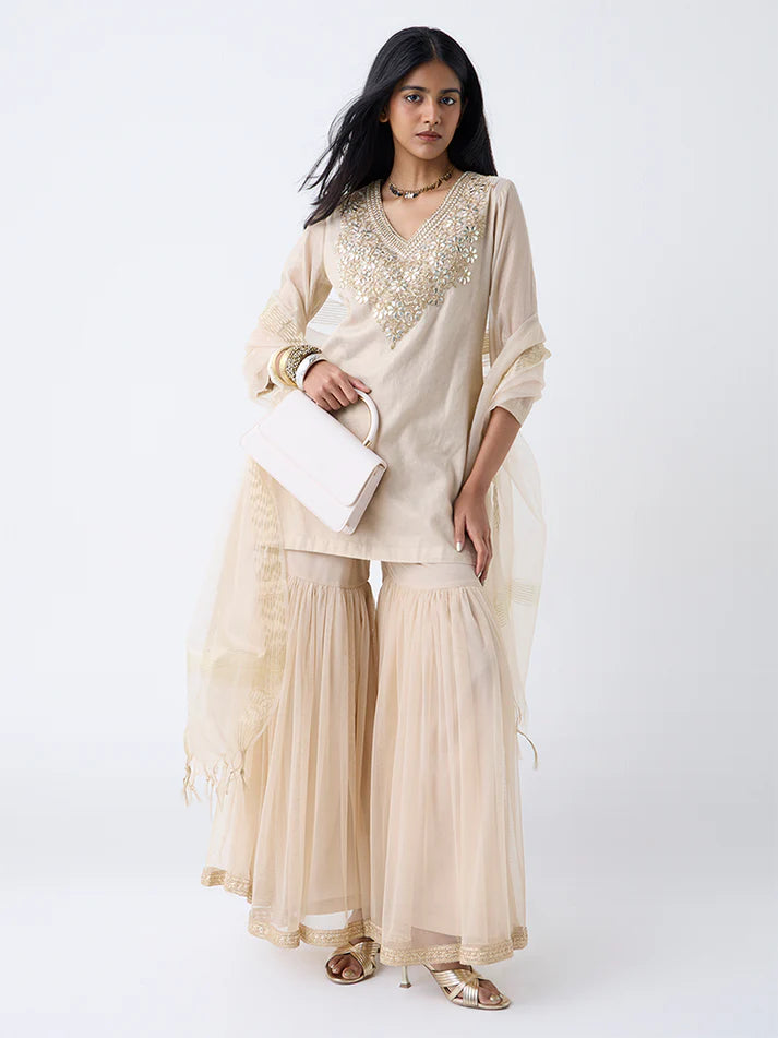 Vark Gold Floral Embroidered Cotton-Blend Ethnic Set