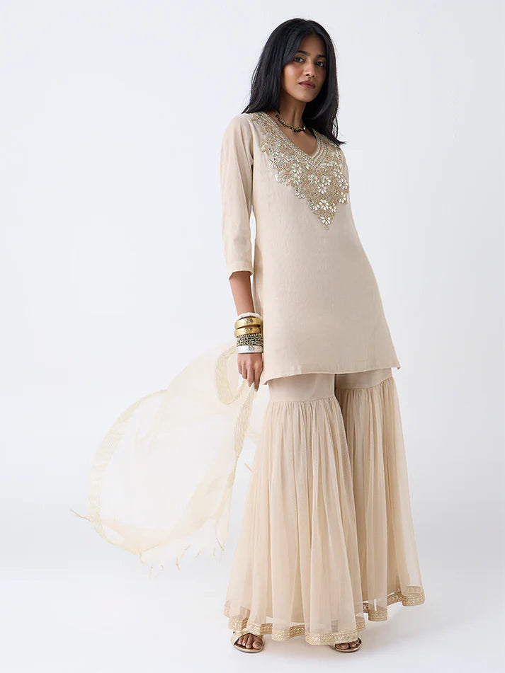 Vark Gold Floral Embroidered Cotton-Blend Ethnic Set