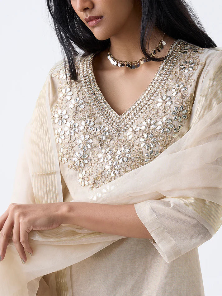 Vark Gold Floral Embroidered Cotton-Blend Ethnic Set