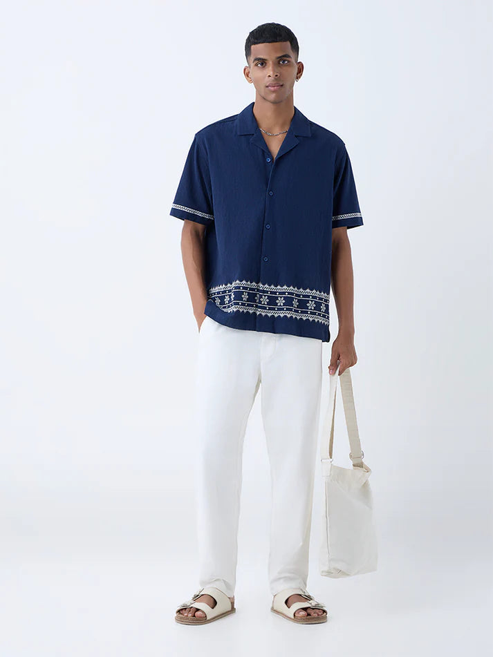 ETA Navy Embroidered Relaxed-Fit Cotton Shirt