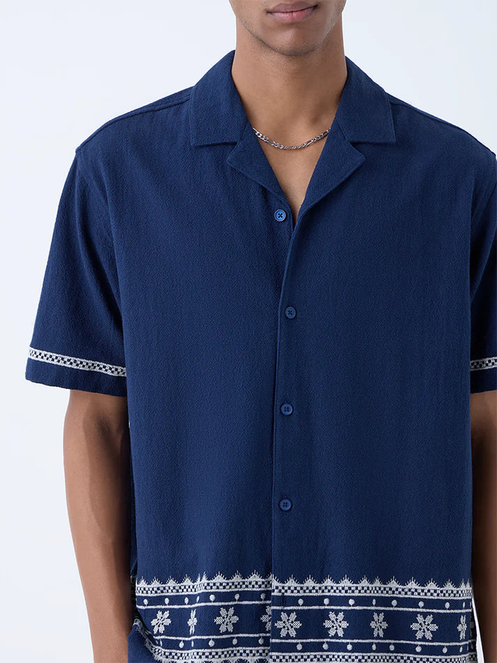 ETA Navy Embroidered Relaxed-Fit Cotton Shirt