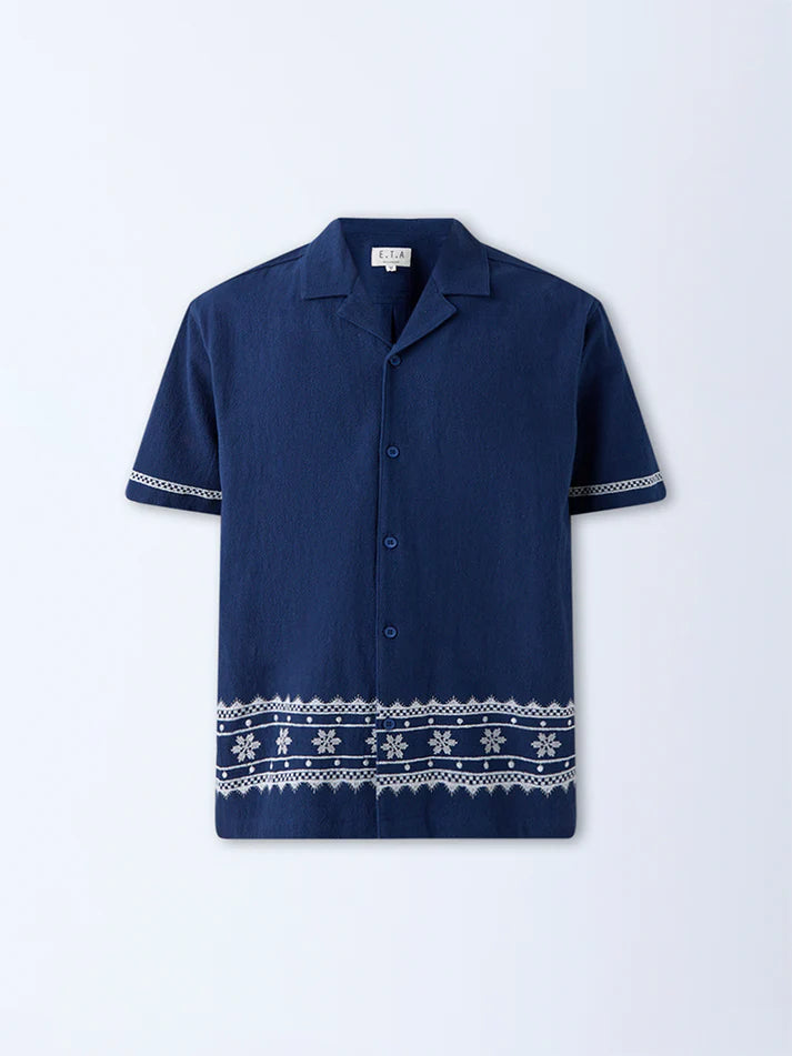 ETA Navy Embroidered Relaxed-Fit Cotton Shirt