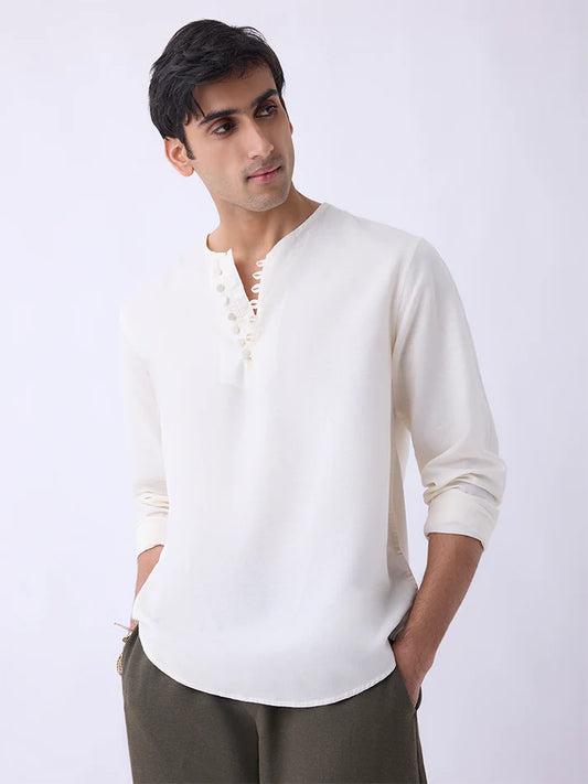 Mens Ethnicwear Off-White Cotton-Blend Short Kurta