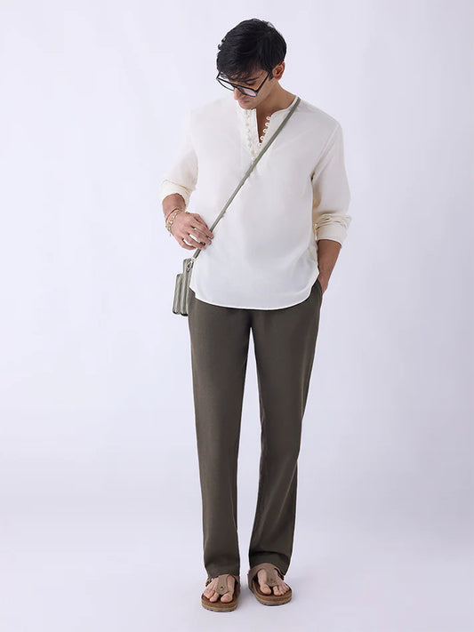 Mens Ethnicwear Olive Solid Relaxed-Fit Mid-Rise Pants