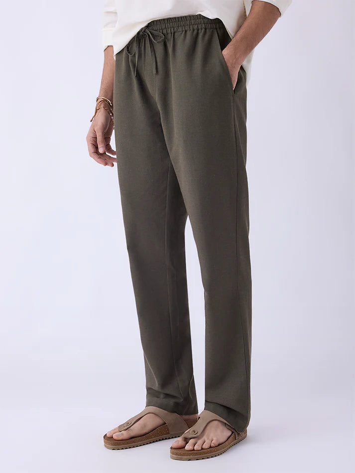 Mens Ethnicwear Olive Solid Relaxed-Fit Mid-Rise Pants