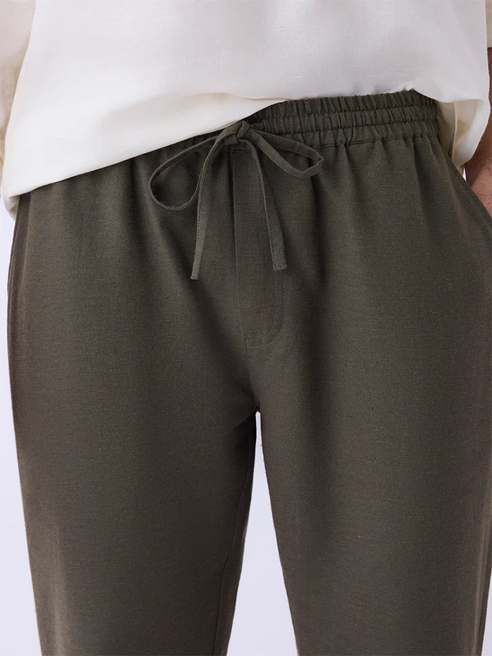 Mens Ethnicwear Olive Solid Relaxed-Fit Mid-Rise Pants