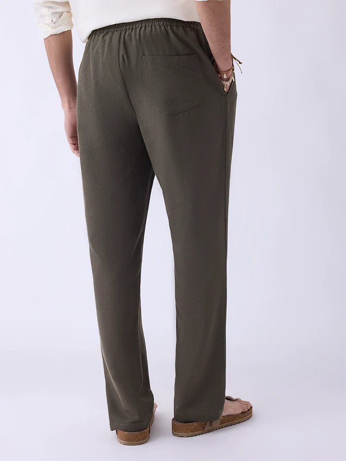 Mens Ethnicwear Olive Solid Relaxed-Fit Mid-Rise Pants