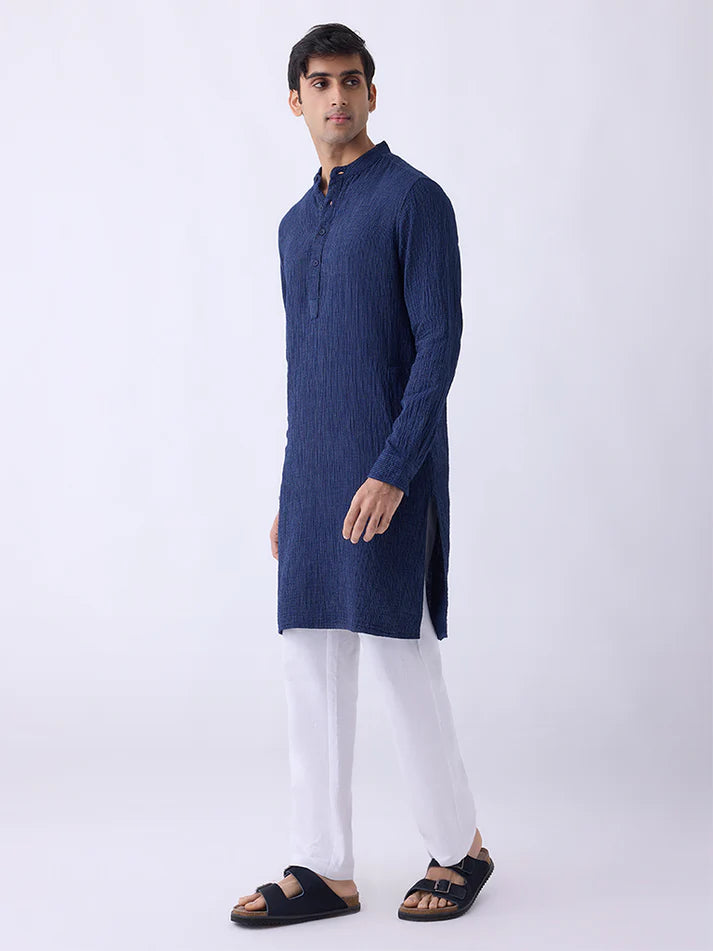 Mens Ethnicwear Indigo Striped Relaxed-Fit Cotton Kurta