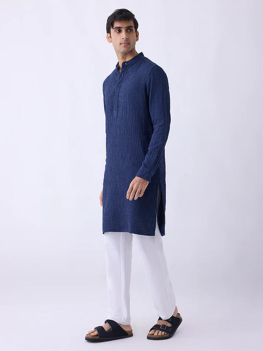 Mens Ethnicwear Indigo Striped Relaxed-Fit Cotton Kurta