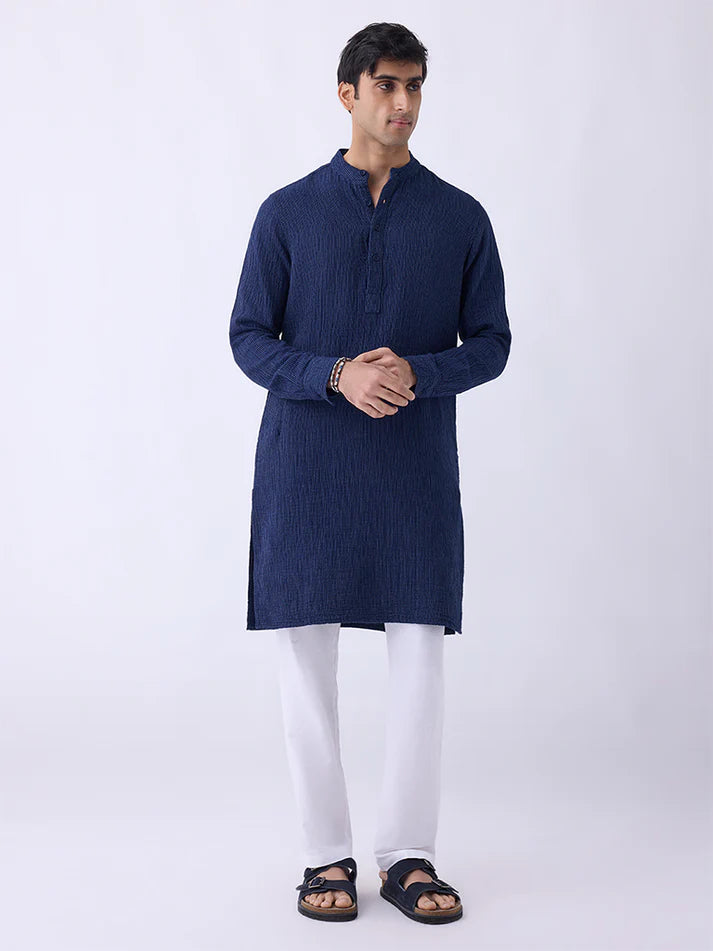 Mens Ethnicwear Indigo Striped Relaxed-Fit Cotton Kurta