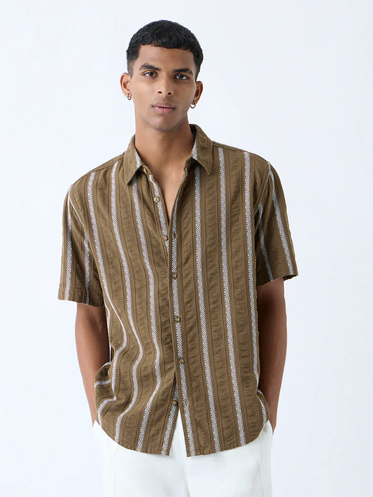 ETA Brown Stripe Relaxed-Fit Cotton-Blend Shirt
