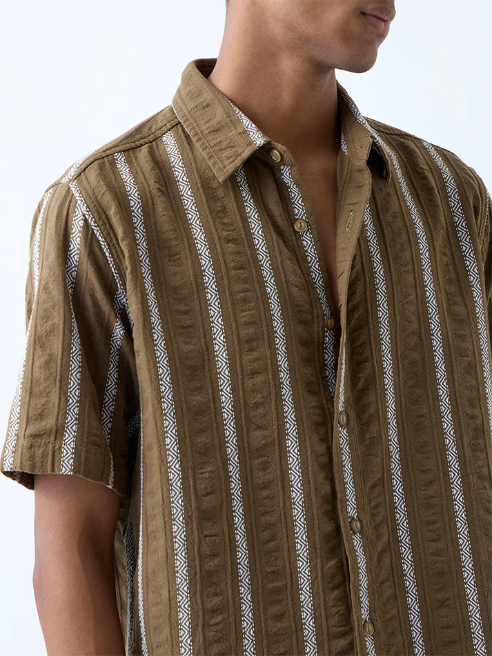 ETA Brown Stripe Relaxed-Fit Cotton-Blend Shirt
