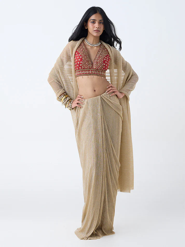 Vark Gold Plisse Texture Ready-To-Wear Saree