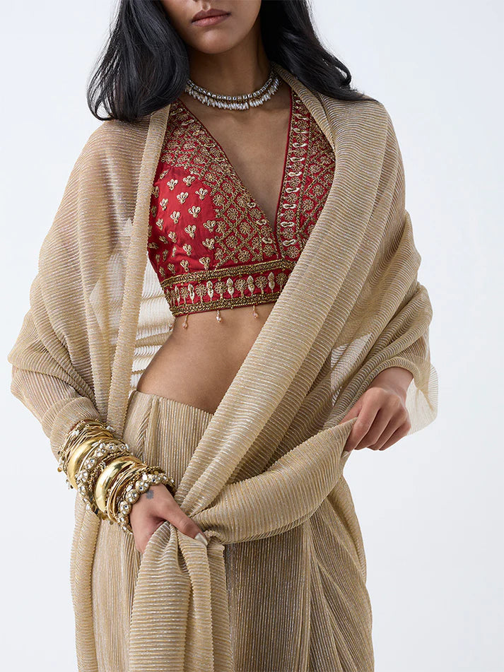 Vark Gold Plisse Texture Ready-To-Wear Saree