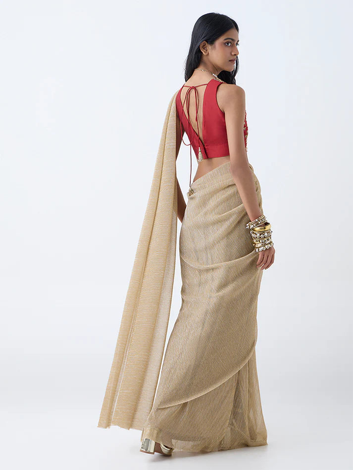 Vark Gold Plisse Texture Ready-To-Wear Saree