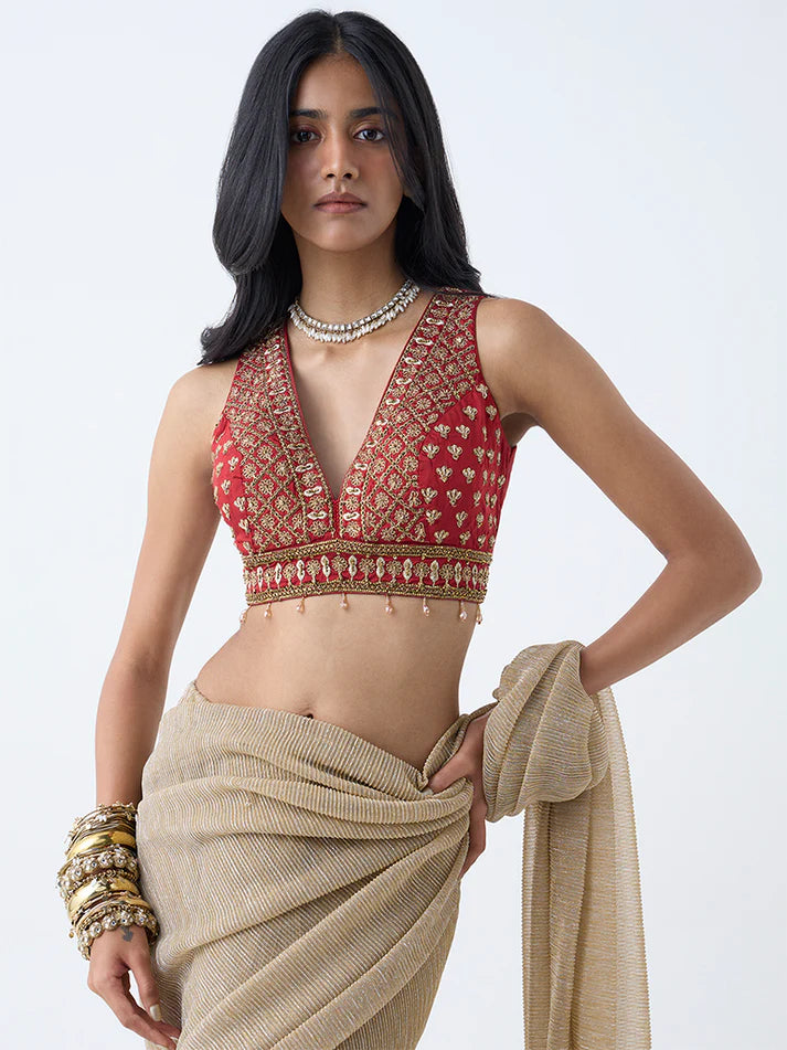 Vark Rust Floral Zari Embroidered Blouse