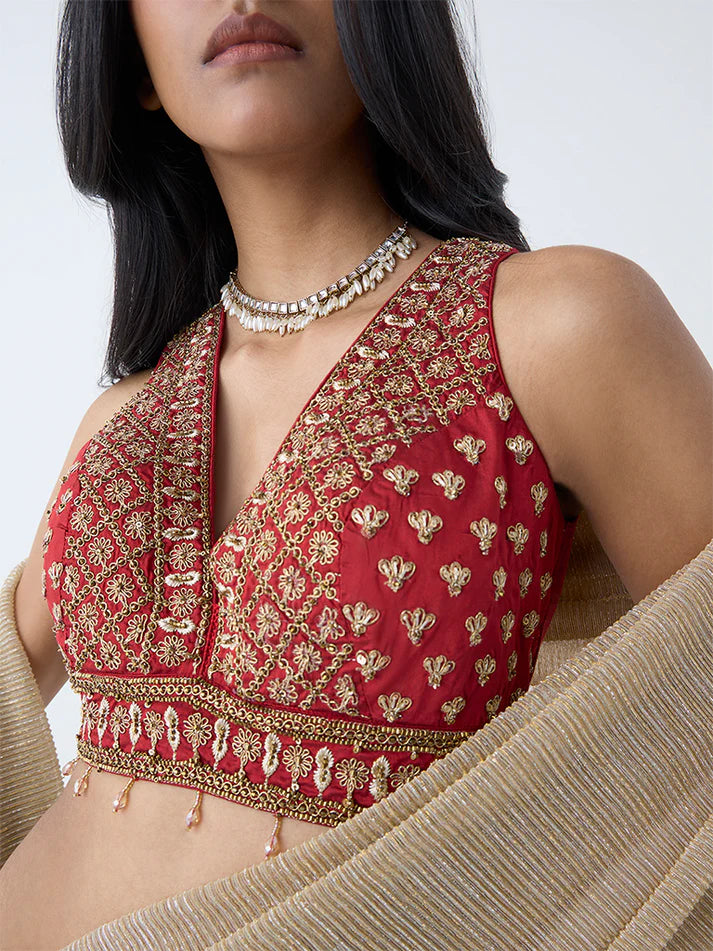 Vark Rust Floral Zari Embroidered Blouse