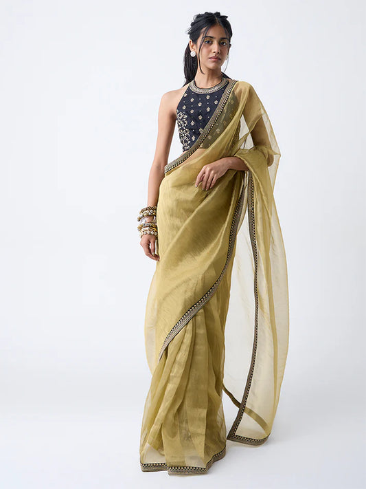 Vark Olive Ready-To-Wear Saree with Ethnic Blouse Set