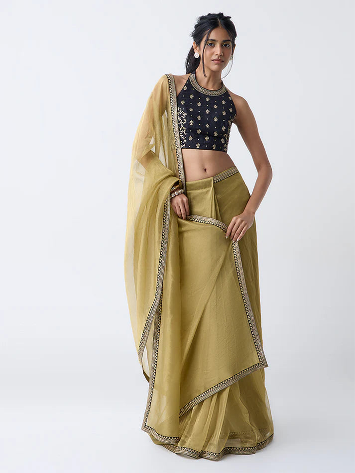 Vark Olive Ready-To-Wear Saree with Ethnic Blouse Set