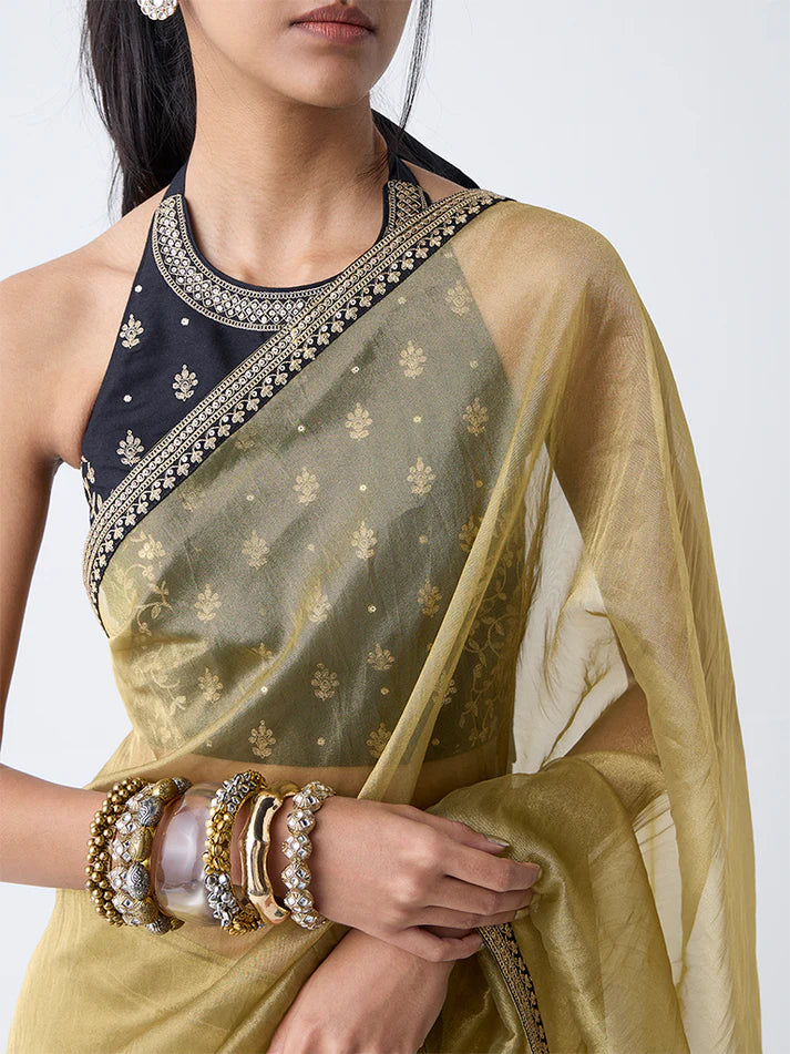 Vark Olive Ready-To-Wear Saree with Ethnic Blouse Set