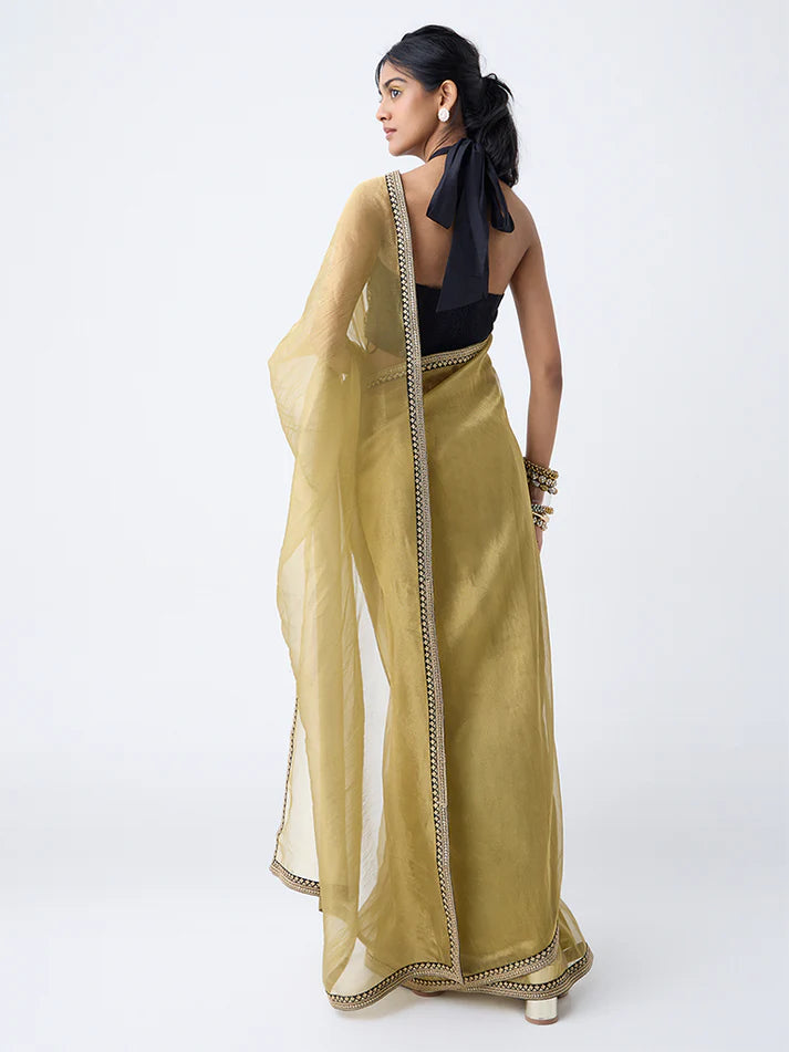 Vark Olive Ready-To-Wear Saree with Ethnic Blouse Set