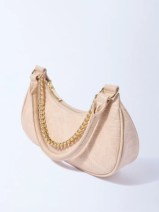 Westside Beige Textured Chain-Detailed Shoulder Bag