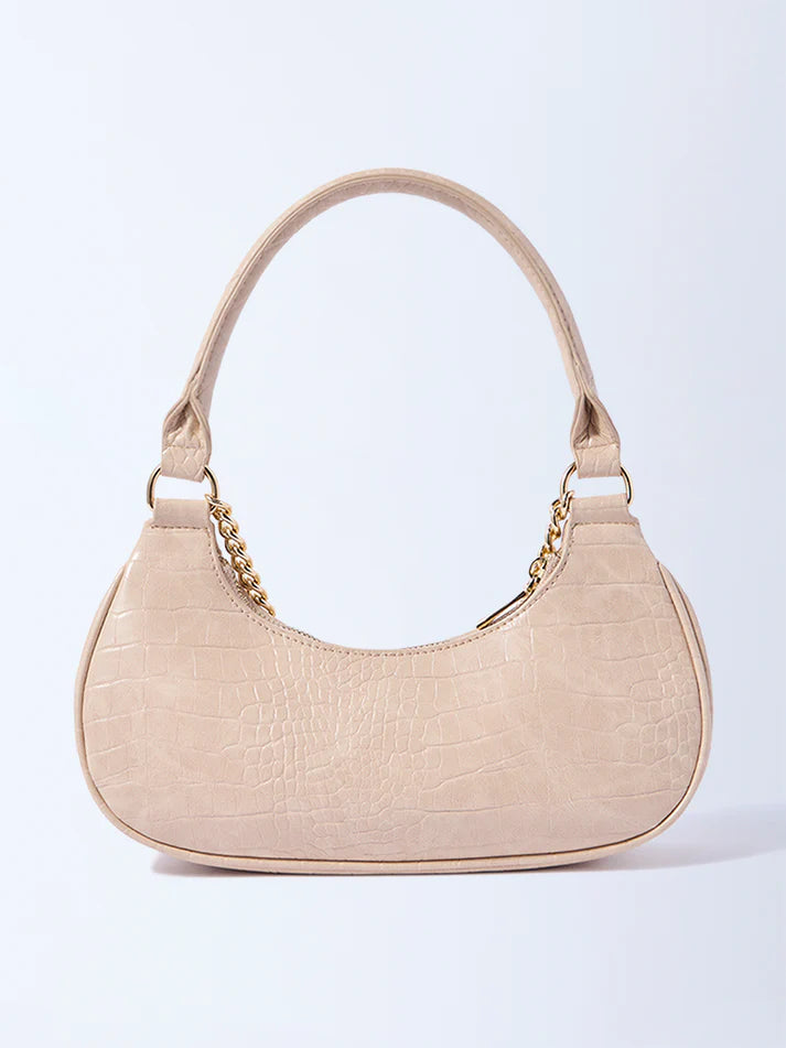 Westside Beige Textured Chain-Detailed Shoulder Bag