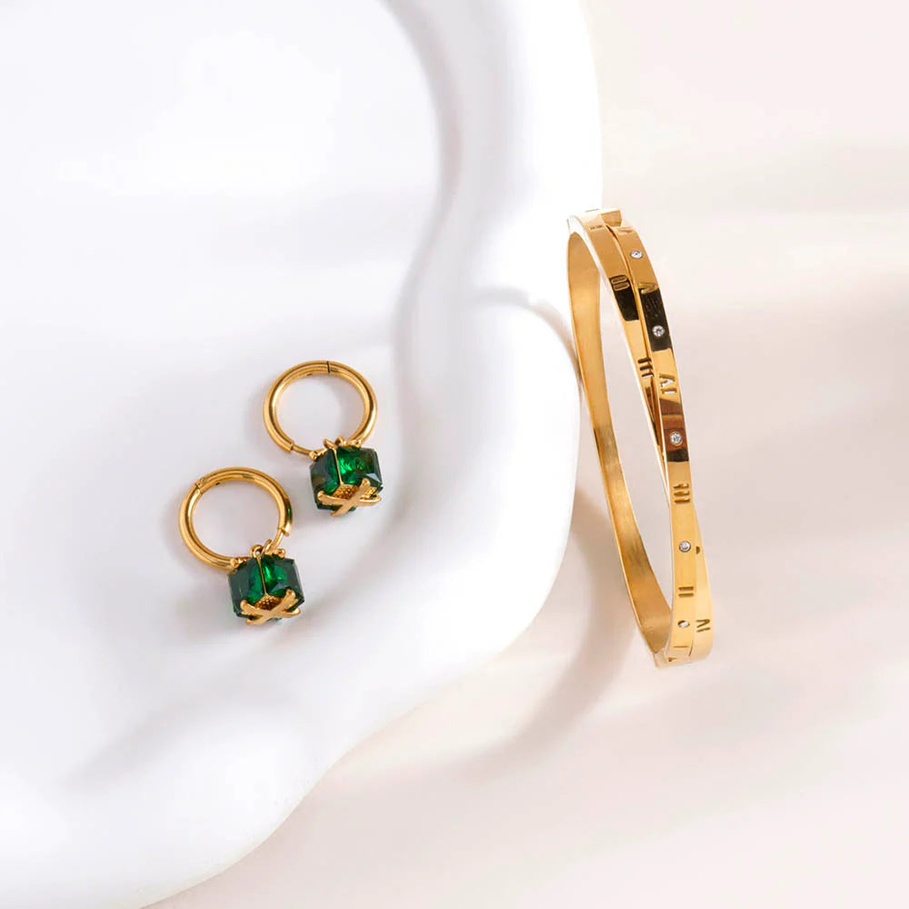 Emerald Hoop Earrings & Roman Tales Bracelet Combo Set