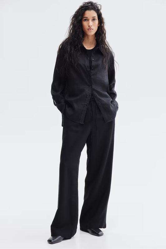 H&M Linen Shirt - Black/Khaki