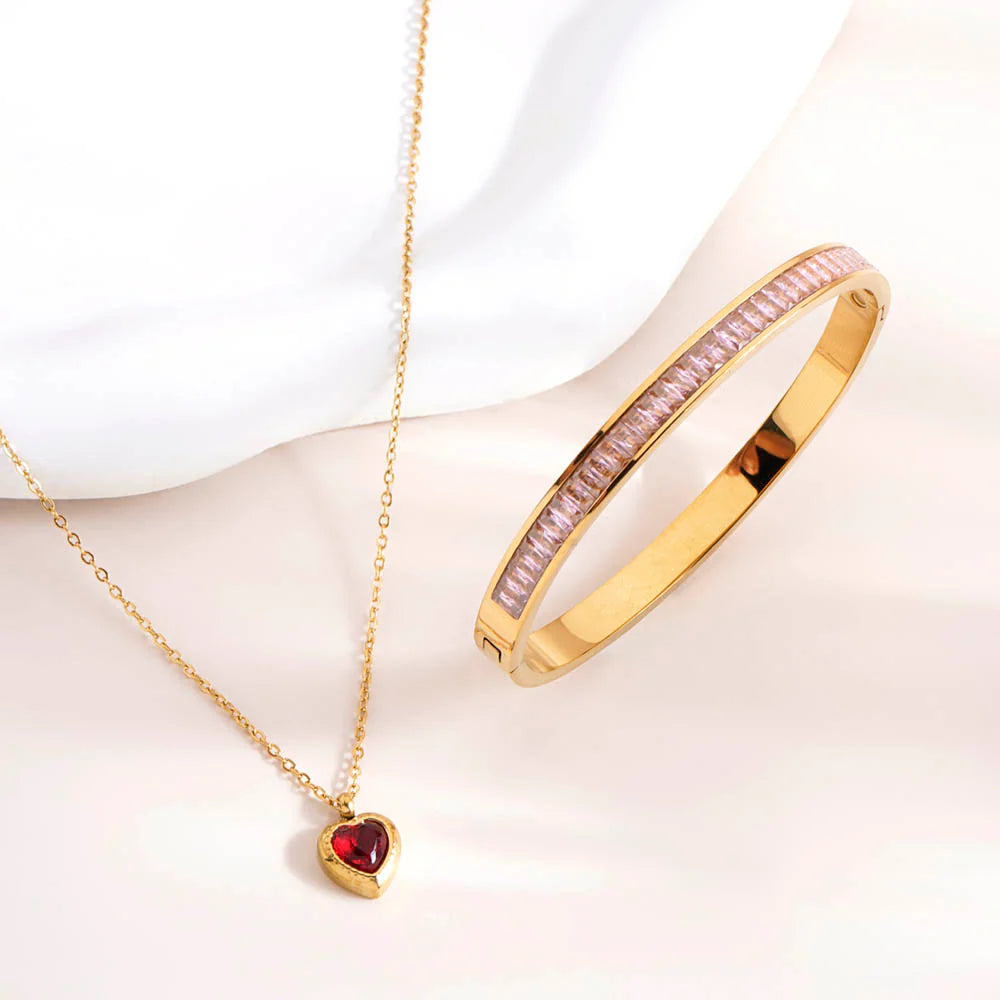 Red Emerald Heart Pendant Necklace & Pink Enchantment Bangle Bracelet Combo Set