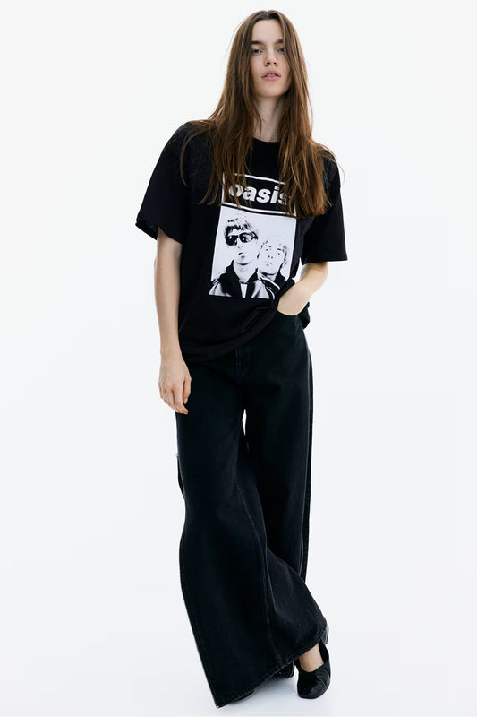 H&M Oversized Printed T-shirt - Black/Brown
