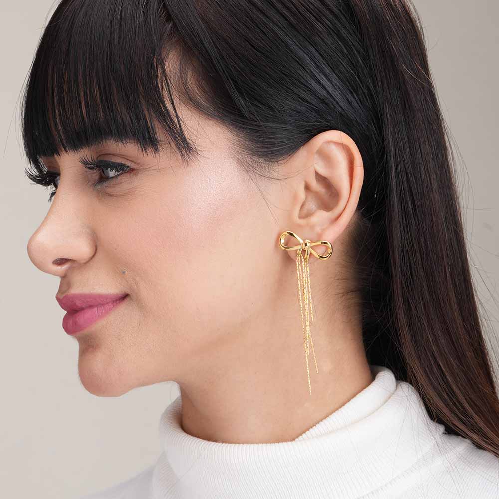 Gold Bow and Tassel Drop Earrings