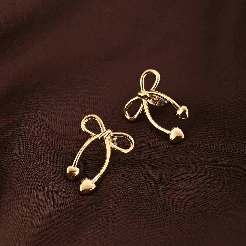Unique Gold Bow & Heart Drop Earrings