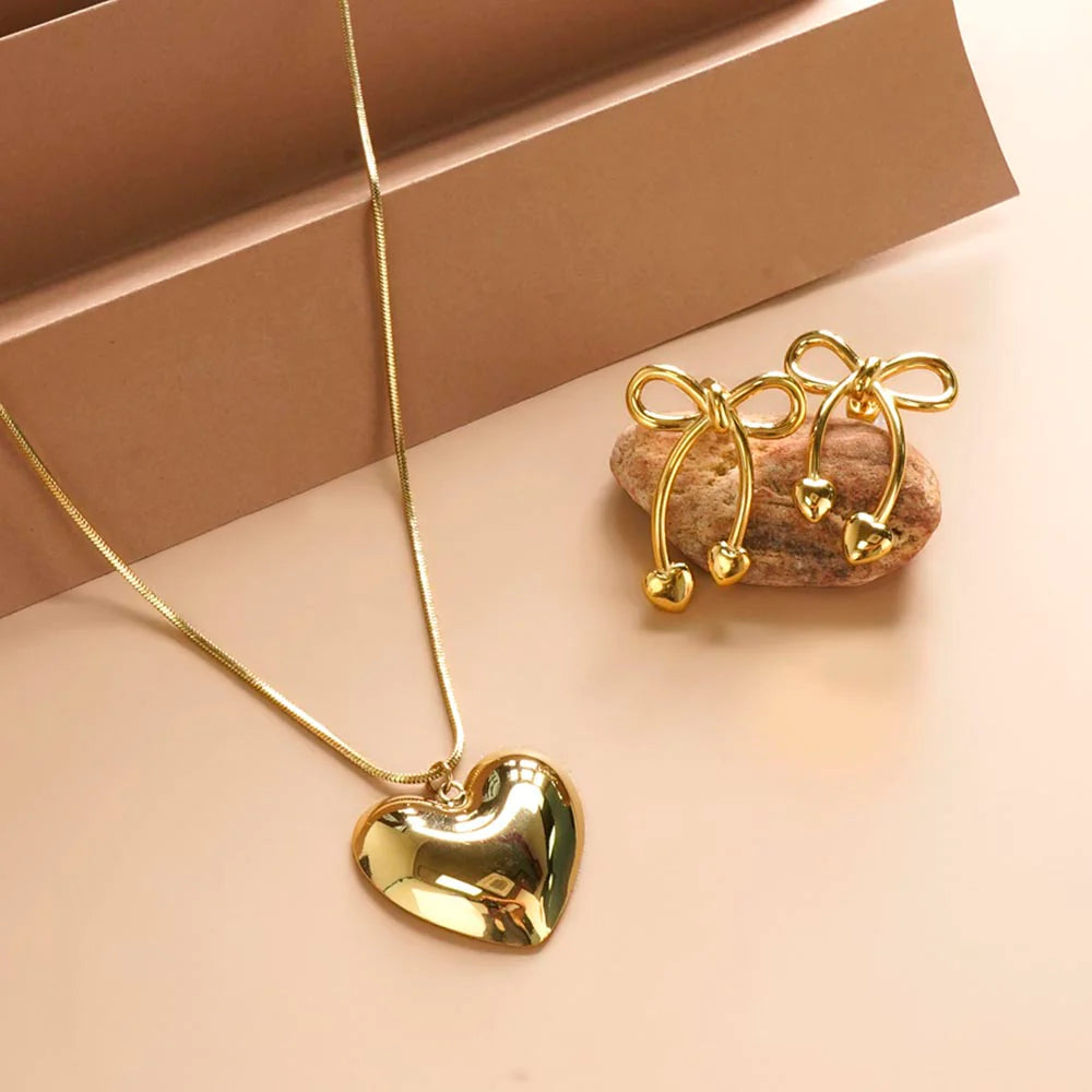 Golden Heart Charm Chain Necklace & Unique Gold Bow & Heart Drop Earrings Combo Set