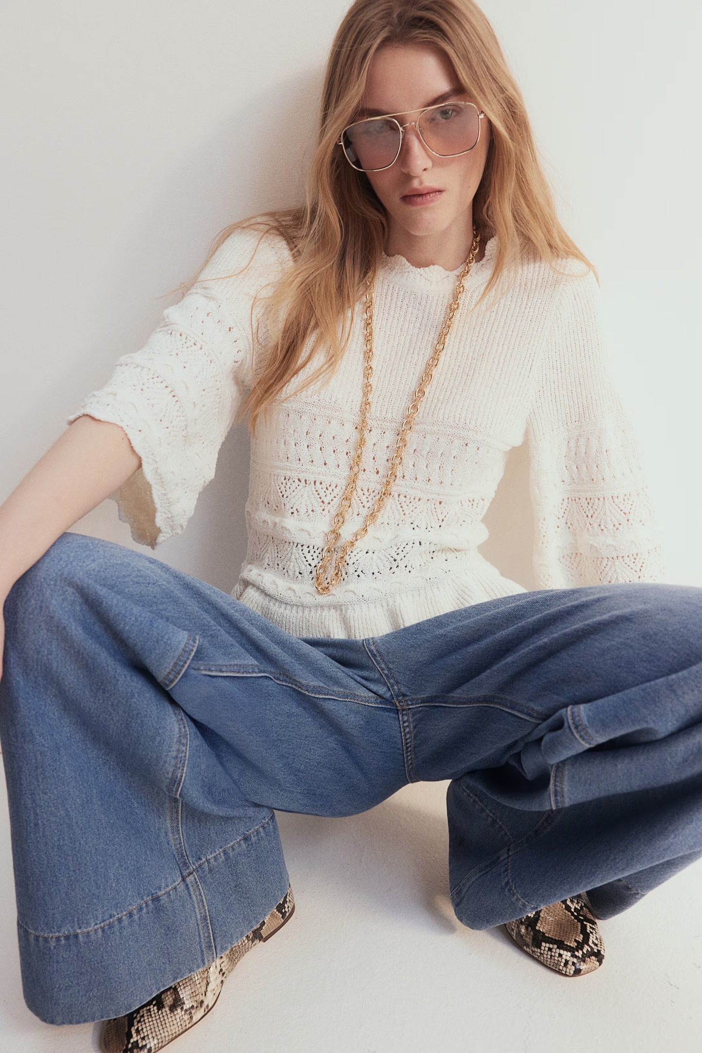 H&M Frill-Trimmed Pointelle-Knit Jumper